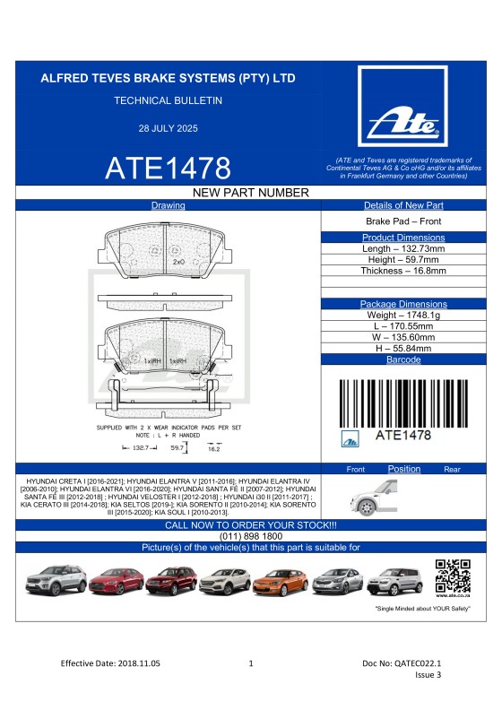 ATE1478 NEW! Brake Pad for Kia Seltos, Kia Sorento, Hyundai Creta, Hyundai Santa Fe II, Hyundai Santa Fe III. featured image